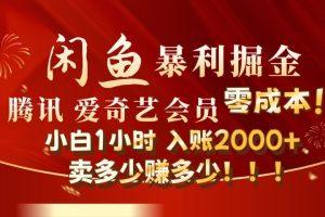 闲鱼全新暴力掘金玩法，官方正品影视会员无成本渠道!小自1小时保底收入2000+