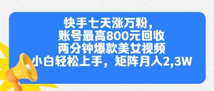 快手七天涨万粉，但账号最高800元回收。两分钟一个爆款美女视频，小白秒上手